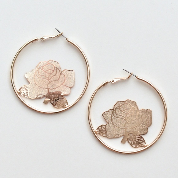 Jewelry - 2" Gold Rose Hoop Earrings